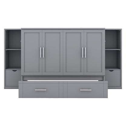 Full Size Murphy Bed With Shelves, Drawers And USB Ports - Gray