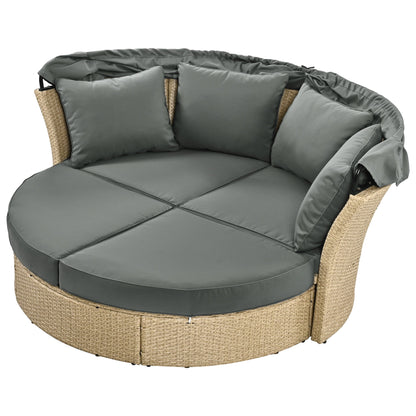 Outdoor Patio Daybed Wicker Rattan Double Daybed Round Sofa Furniture Set With Retractable Canopy, 4 Pillows For Lawn Garden Backyard Porch Pool - Gray