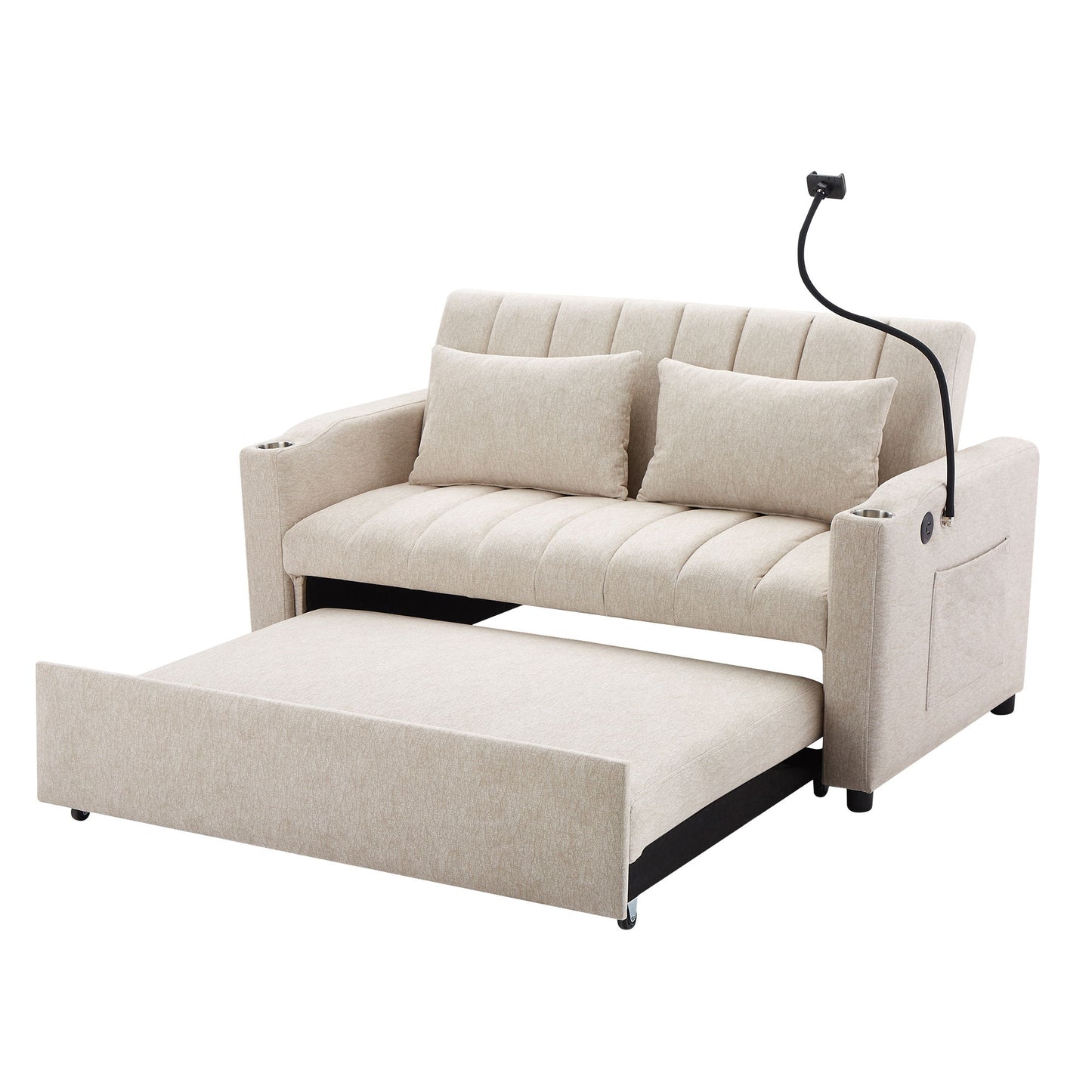 Convertible Sofa Bed Loveseat Sofa With Three USB Ports, Two Side Pockets, Two Cup Holders And 360ÔøΩÔøΩÔøΩÔøΩÔøΩÔøΩÔøΩÔøΩÔøΩÔøΩÔøΩÔøΩÔøΩÔøΩÔøΩÔøΩÔøΩÔøΩÔøΩÔøΩÔøΩÔøΩÔøΩÔøΩÔøΩÔøΩÔøΩÔøΩÔøΩÔøΩÔøΩÔøΩÔøΩ swivel Phone Holder For Living Room - Beige