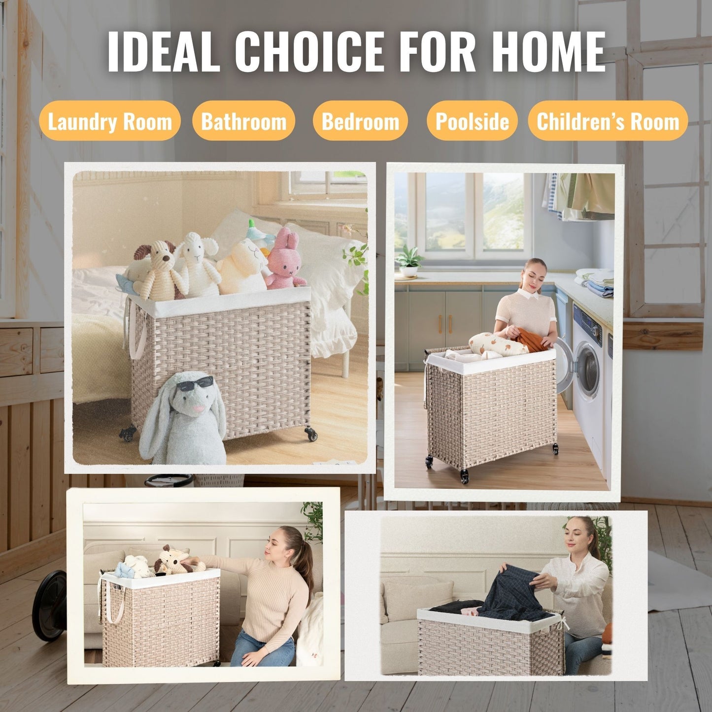 Laundry Hamper With Lid PE Rattan Powder Coating Frame Clothes Hampers With 2 Removable Bags, Wheels, 160L - Gray