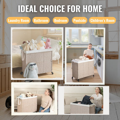 Laundry Hamper With Lid PE Rattan Powder Coating Frame Clothes Hampers With 2 Removable Bags, Wheels, 160L - Gray