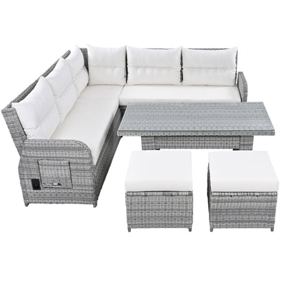 Outdoor Furniture Set Patio Rattan Furniture Set With An Adjustable Table, Recliners With Extendable Side Tables, And 2 Ottomans For Patio, Lawn, Backyard, Pool - Beige