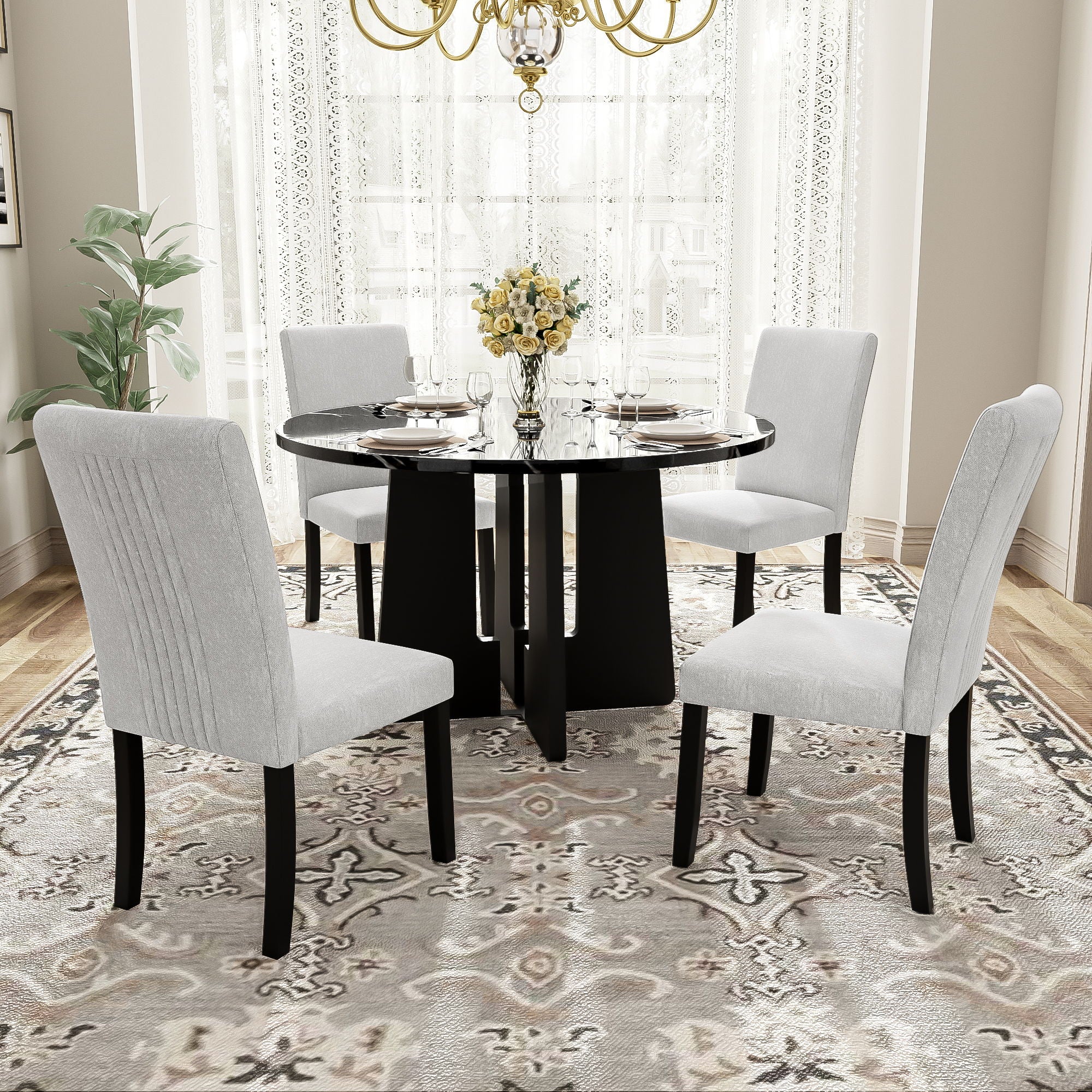 5 Piece Round Dining Table Set, Modern Dining Table And 4 Upholstered Chairs For Dining Room, Kitchen Room, Living Room - Beige / Black