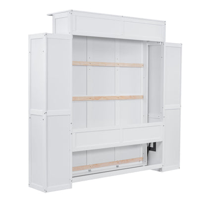 Queen Size Murphy Wall Bed With Shelves And LED Lights - White