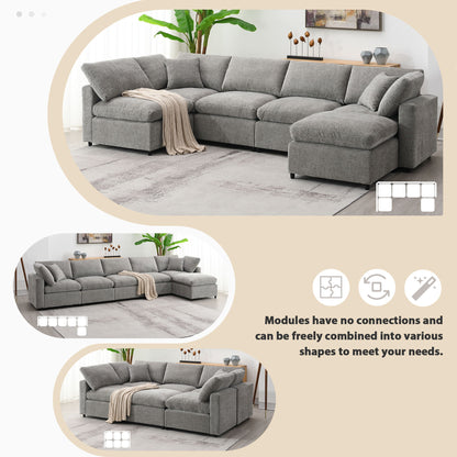 Modern Modular Cloud Sofa Bed, 6 Seat Chenille Sectional Couch Set With Ottoman, Free Combination, Convertible U Shaped Sleeper Sofa - Gray