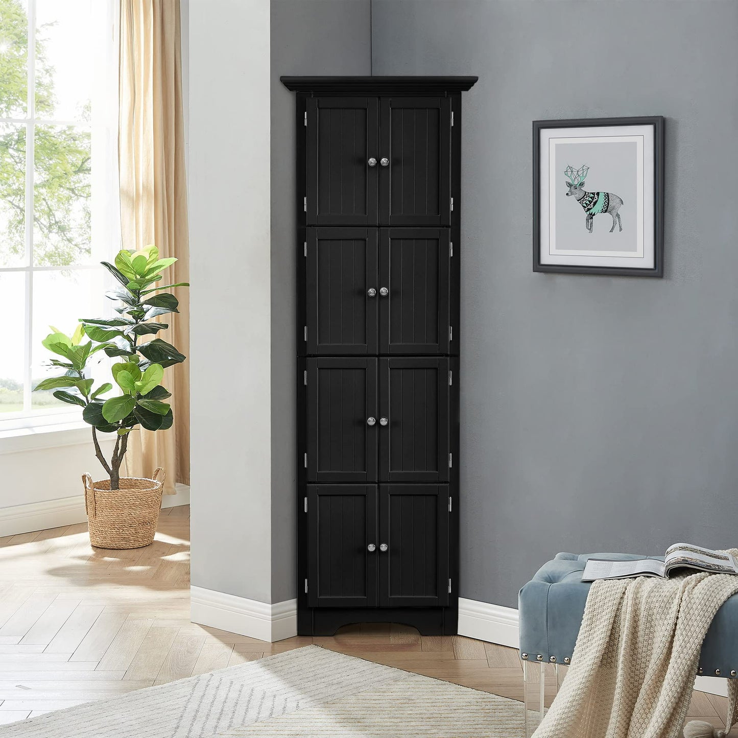 Tall Storage Cabinet With Doors And 4 Shelves For Living Room, Kitchen, Office, Bedroom, Bathroom, Modern - Black