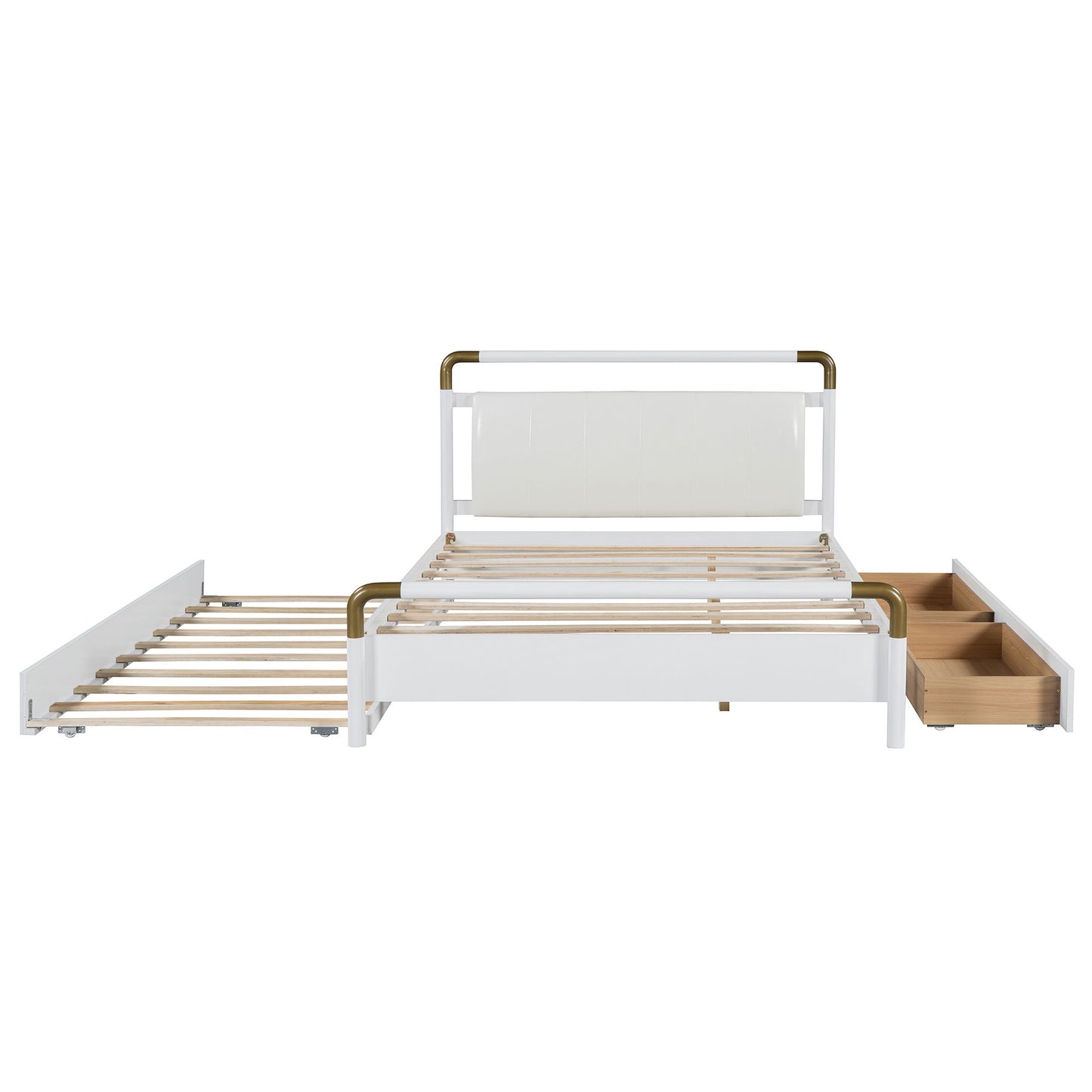 Queen Size Storage Platform Bed, With 2 Big Drawers, Twin Long Size Trundle - White