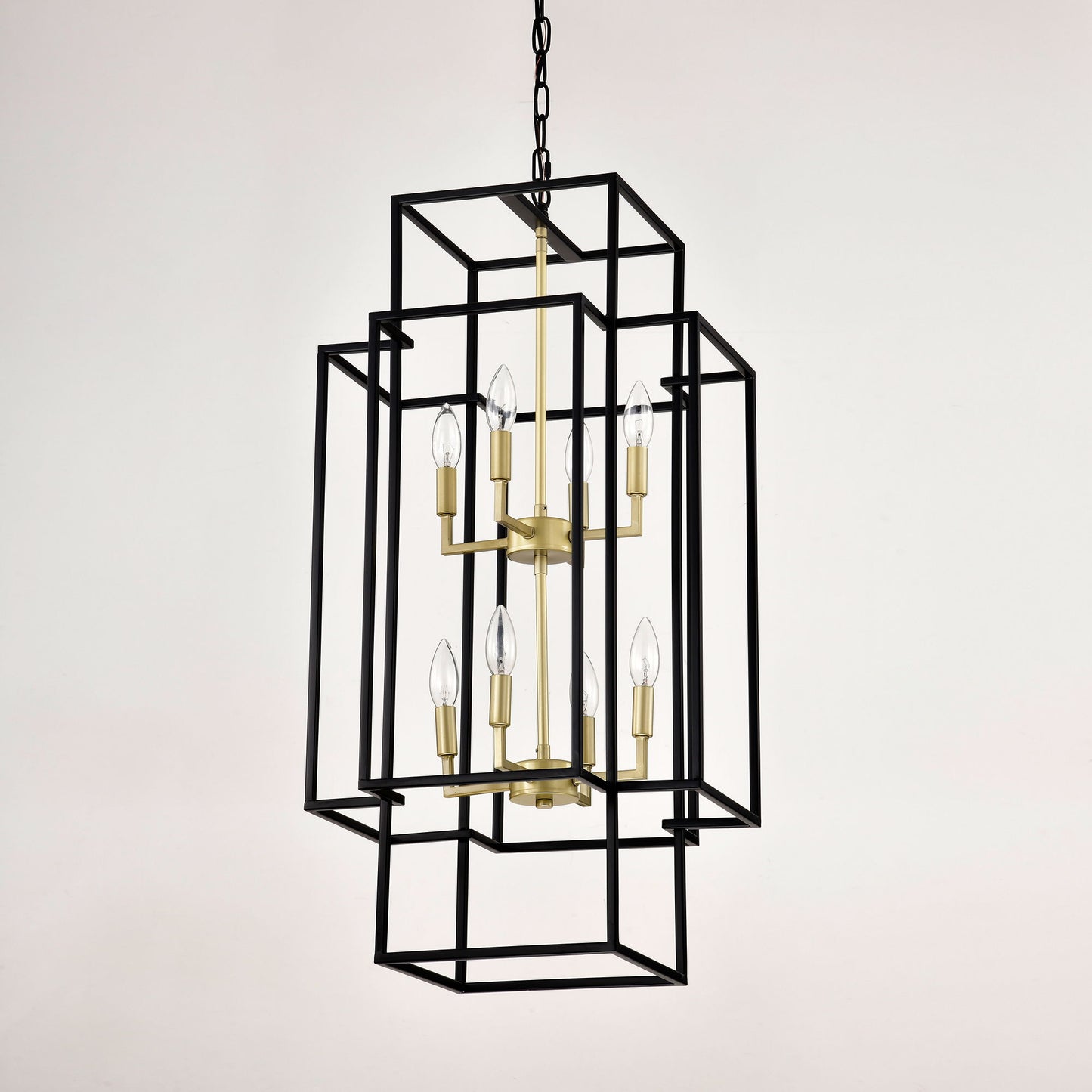 8 Light Metal Lantern Tiered Pendant Hanging Light Fixtures, Industrial Farmhouse Adjustable Height Chandeliers For Dining Room Hallway Foyer Entryway (E12 Bulbs Not Included) - Matte Black / Gold