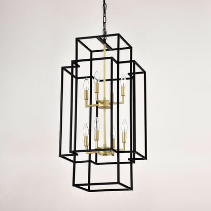 8 Light Metal Lantern Tiered Pendant Hanging Light Fixtures, Industrial Farmhouse Adjustable Height Chandeliers For Dining Room Hallway Foyer Entryway (E12 Bulbs Not Included) - Matte Black / Gold