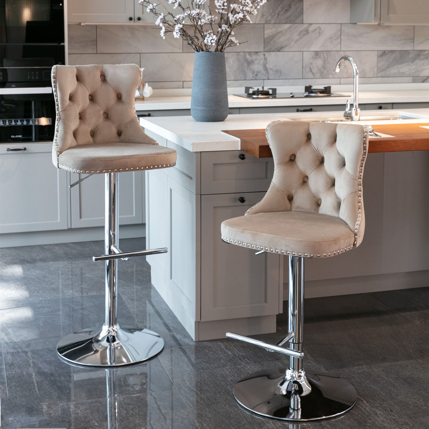 Swivel Velvet Barstools Adjusatble Seat Height From 25-33", Modern Upholstered Chrome Base Bar Stools With Backs Comfortable Tufted For Home Pub And Kitchen Island (Set of 2) - Khaki