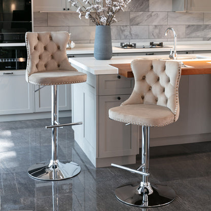 Swivel Velvet Barstools Adjusatble Seat Height From 25-33", Modern Upholstered Chrome Base Bar Stools With Backs Comfortable Tufted For Home Pub And Kitchen Island (Set of 2) - Khaki