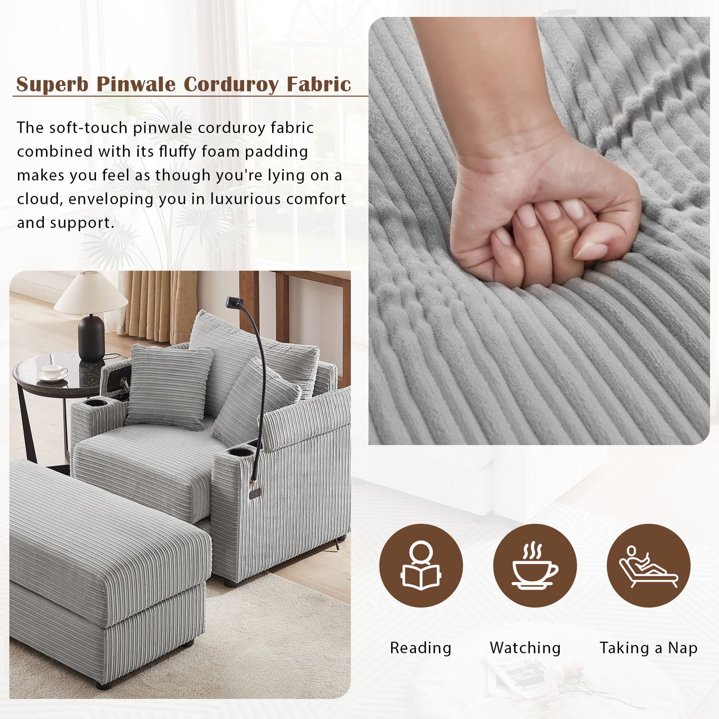 Modern Style Single Sofa Sofa Couch With Storage Space, A Movable Ottoman, Two USB Ports, Two Cup Holders, A Phone Holder For Living Room - Gray