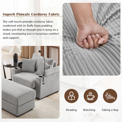 Modern Style Single Sofa Sofa Couch With Storage Space, A Movable Ottoman, Two USB Ports, Two Cup Holders, A Phone Holder For Living Room - Gray