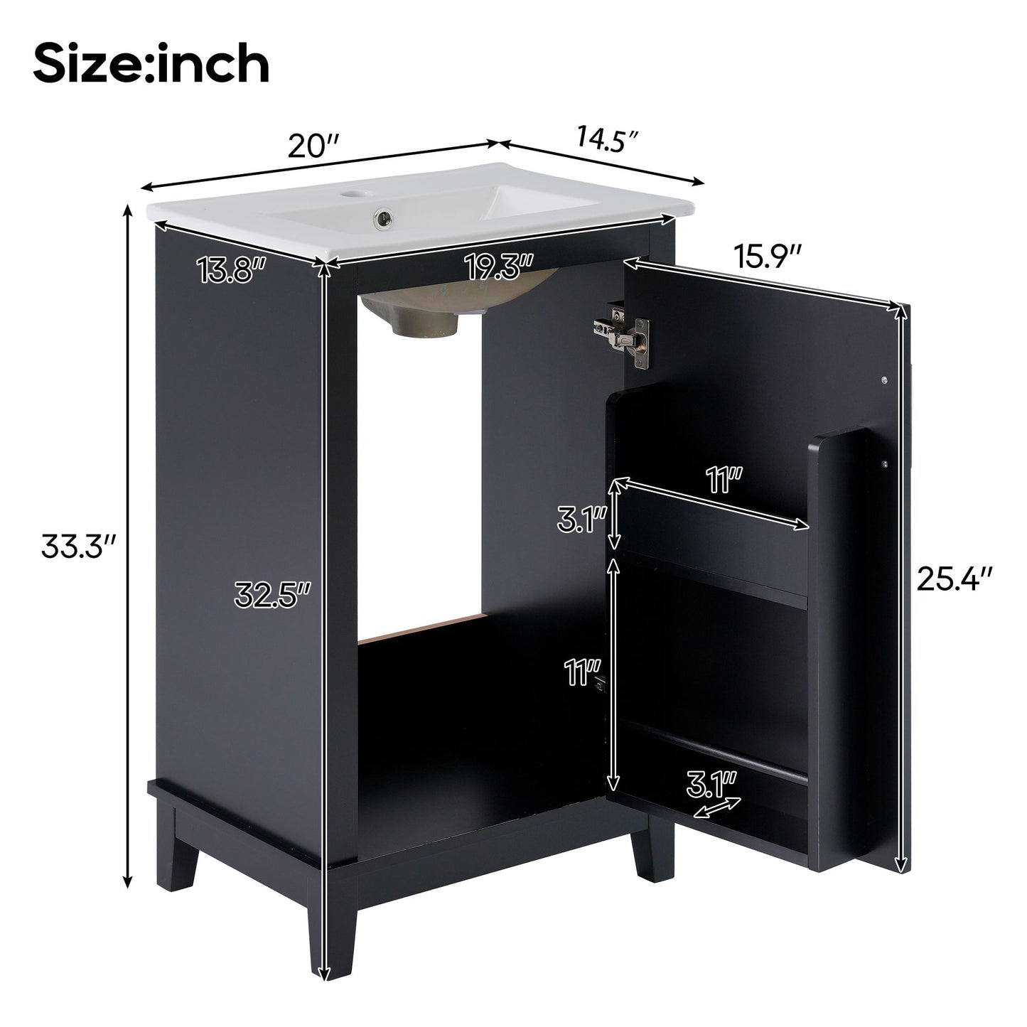Modern Small Bathroom Vanity Cabinet With Ceramic Basin, Ample Storage, 1 Soft Close Door - Black