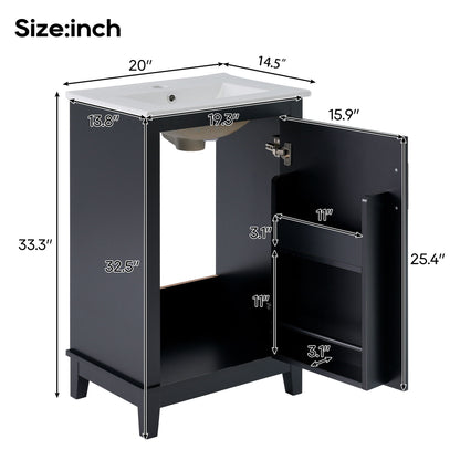 Modern Small Bathroom Vanity Cabinet With Ceramic Basin, Ample Storage, 1 Soft Close Door - Black