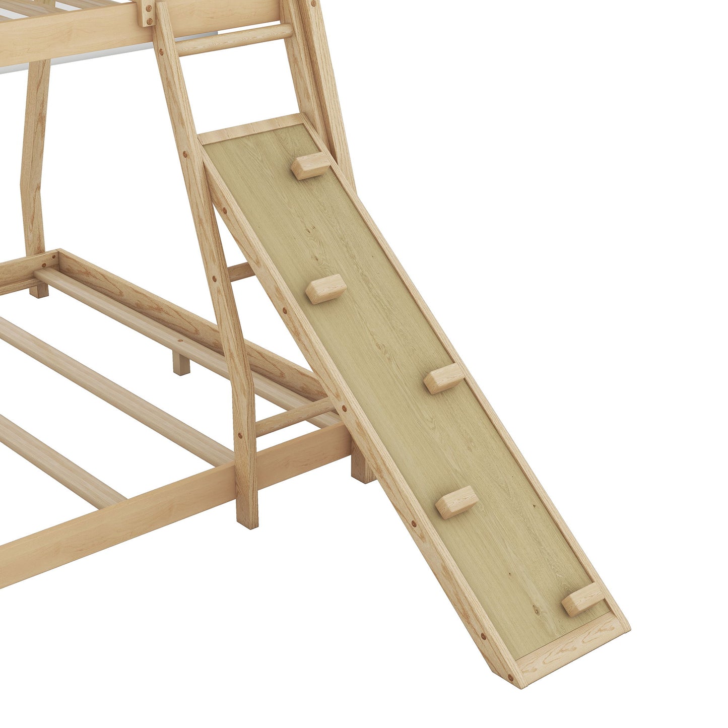 Twin Over Queen House Bunk Bed With Climbing Nets And Climbing Ramp - Natural