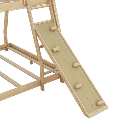 Twin Over Queen House Bunk Bed With Climbing Nets And Climbing Ramp - Natural