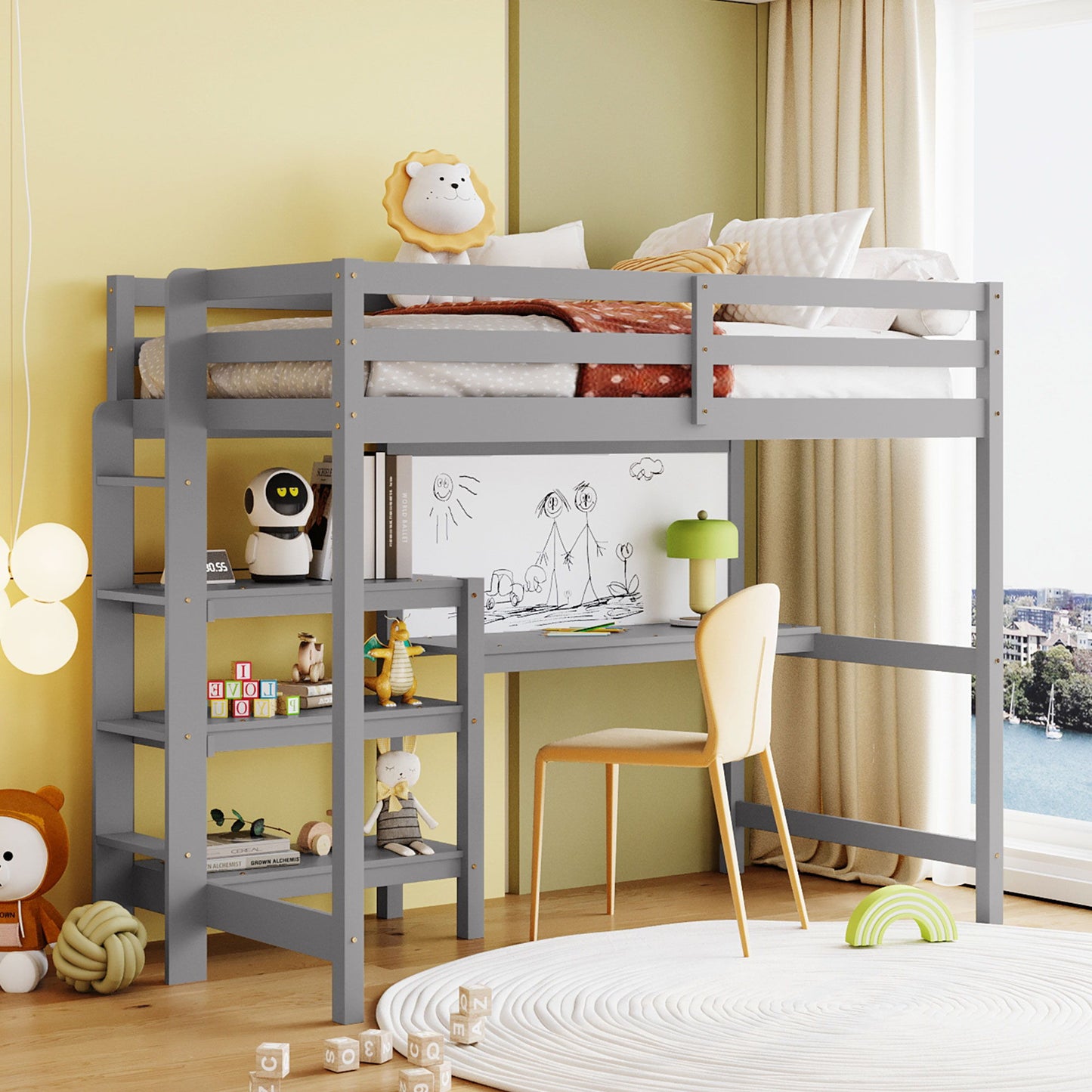 Twin Size Loft Bed With Shelves, Desk And Writing Board - Gray