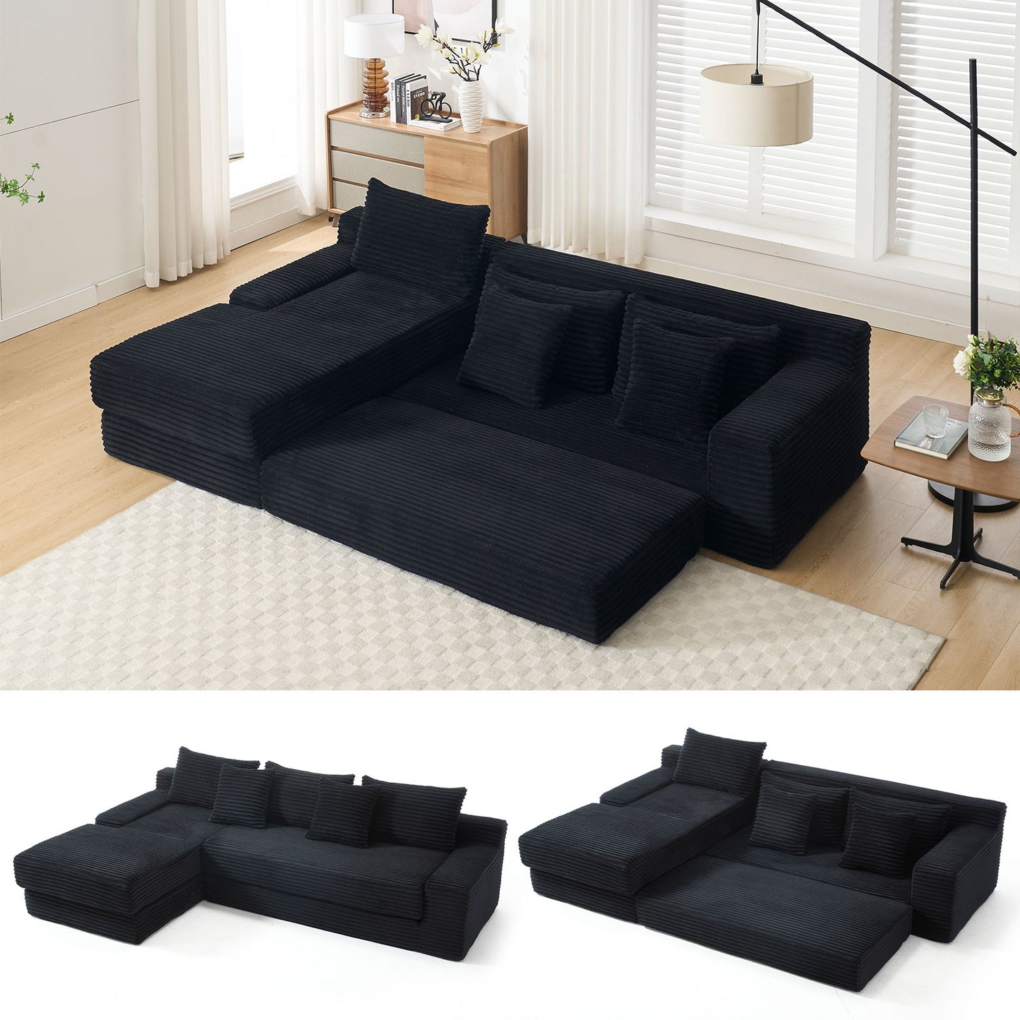 Modern L Shaped Sectional Couch With Memory Foam And Steel Frame - Black