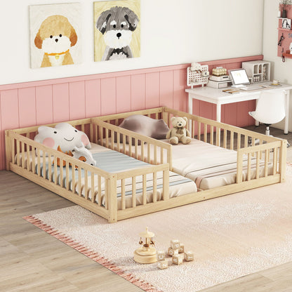 Double Twin Floor Bed With Fence, Guardrails, Without Door - Natural