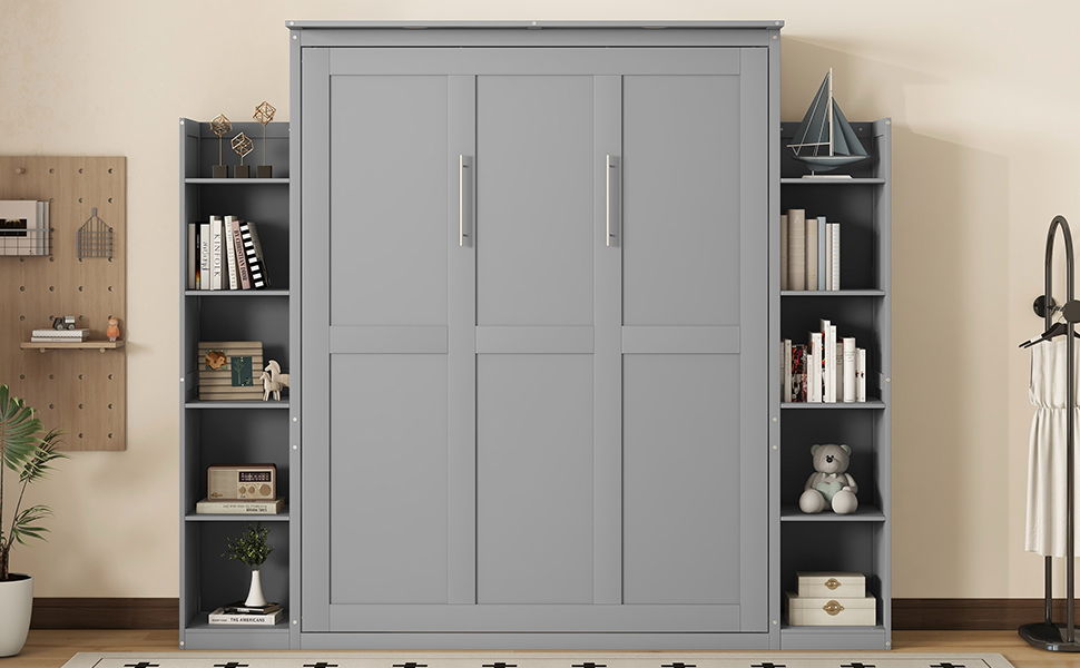 Queen Size Murphy Wall Bed With Shelves And LED Lights - Gray
