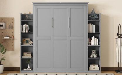 Queen Size Murphy Wall Bed With Shelves And LED Lights - Gray