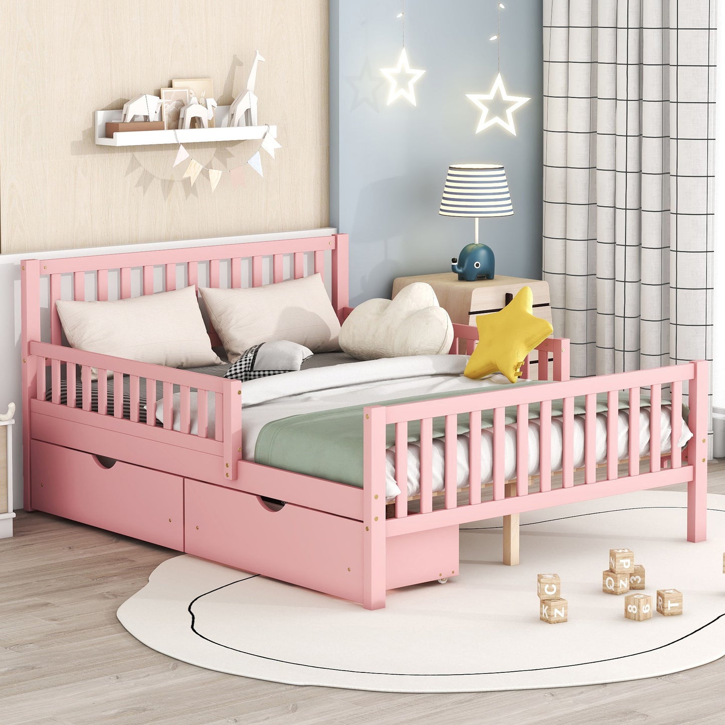 Full Size Platform Bed With Guardrails On Both Sides And 2 Storage Drawers - Pink