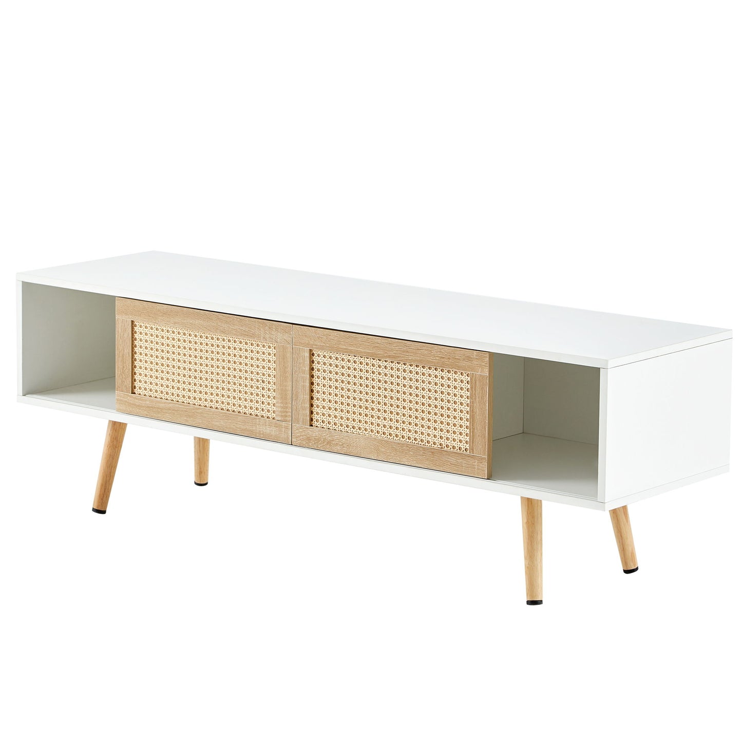55.12" Rattan TV Cabinet, Double Sliding Doors For Storage, Adjustable Shelf, Solid Wood Legs, TV Console For Living Room - White