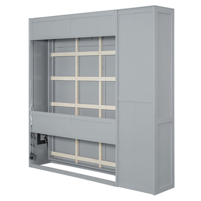 Full Size Murphy Wall Bed With Shelves, Wardrobe And LED Lights - Gray