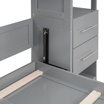 Full Size Murphy Wall Bed With Shelves, Drawers And LED Lights - Gray