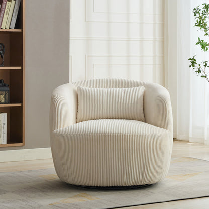 Upholstered Metal Base 360 Degree Swivel Barrel Soft Chair With Pillow, For Club, Living Room, Bedroom, Office As Well As Reading Armchair - Ivory