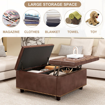 Large Square Storage Stool With 2 Storage Doors, Footstool For Living Room Mid - Century Modern Coffee Table With Nailhead Inlay - Brown