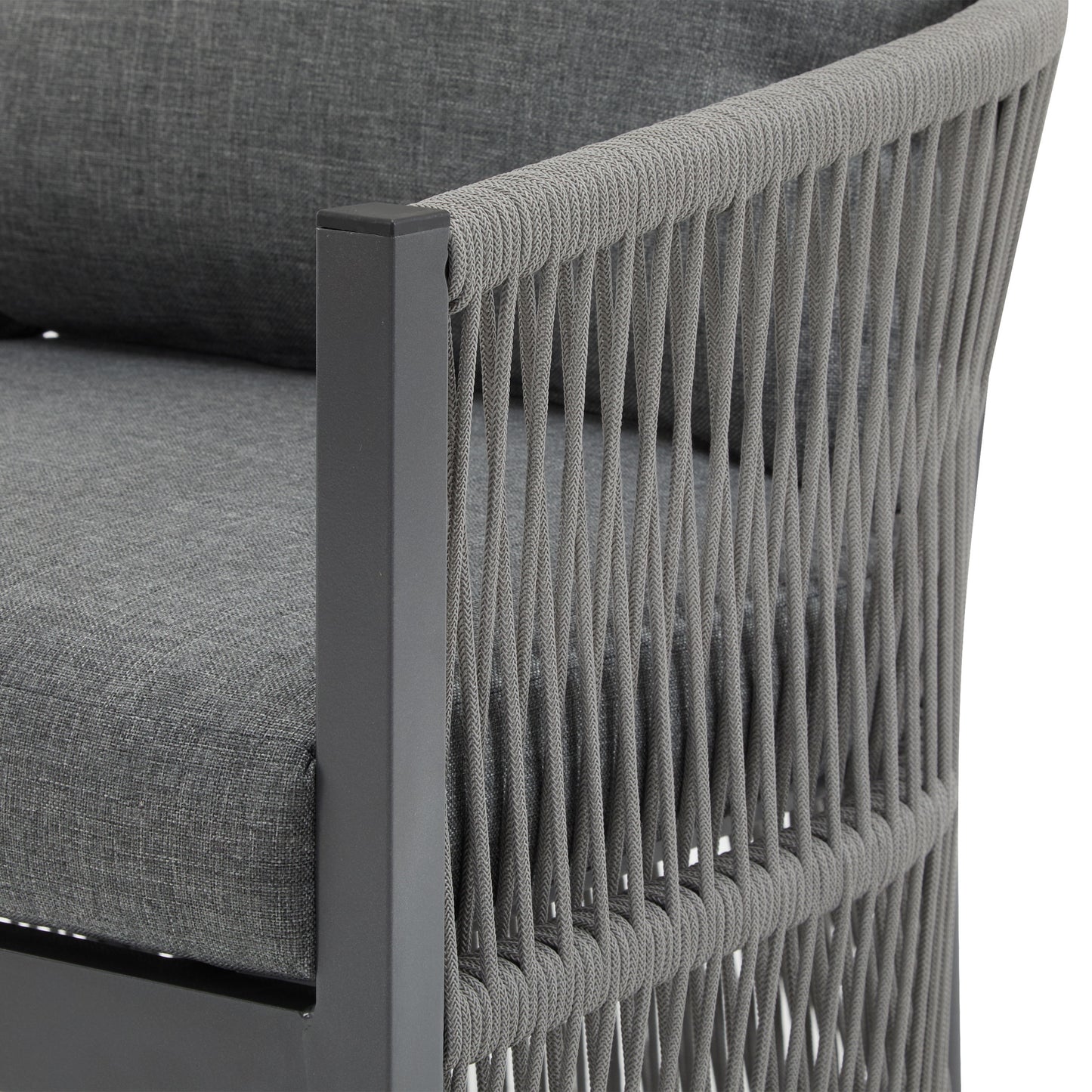 Modern Curved Aluminum Lounge Chair With Stylish Rope - Weave Design And Cushioned Comfort For Outdoor Living - Gray