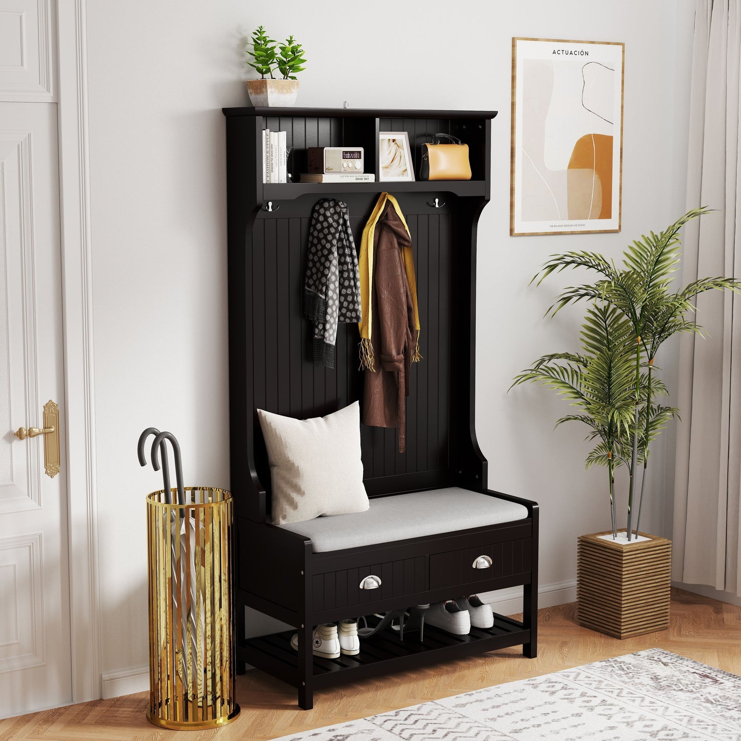 3 In 1 Wooden Hallway Hall Tree With Storage Drawers, Coat Rack, Shoe Rack Bench, And Cushion - Amber Graphite / Black