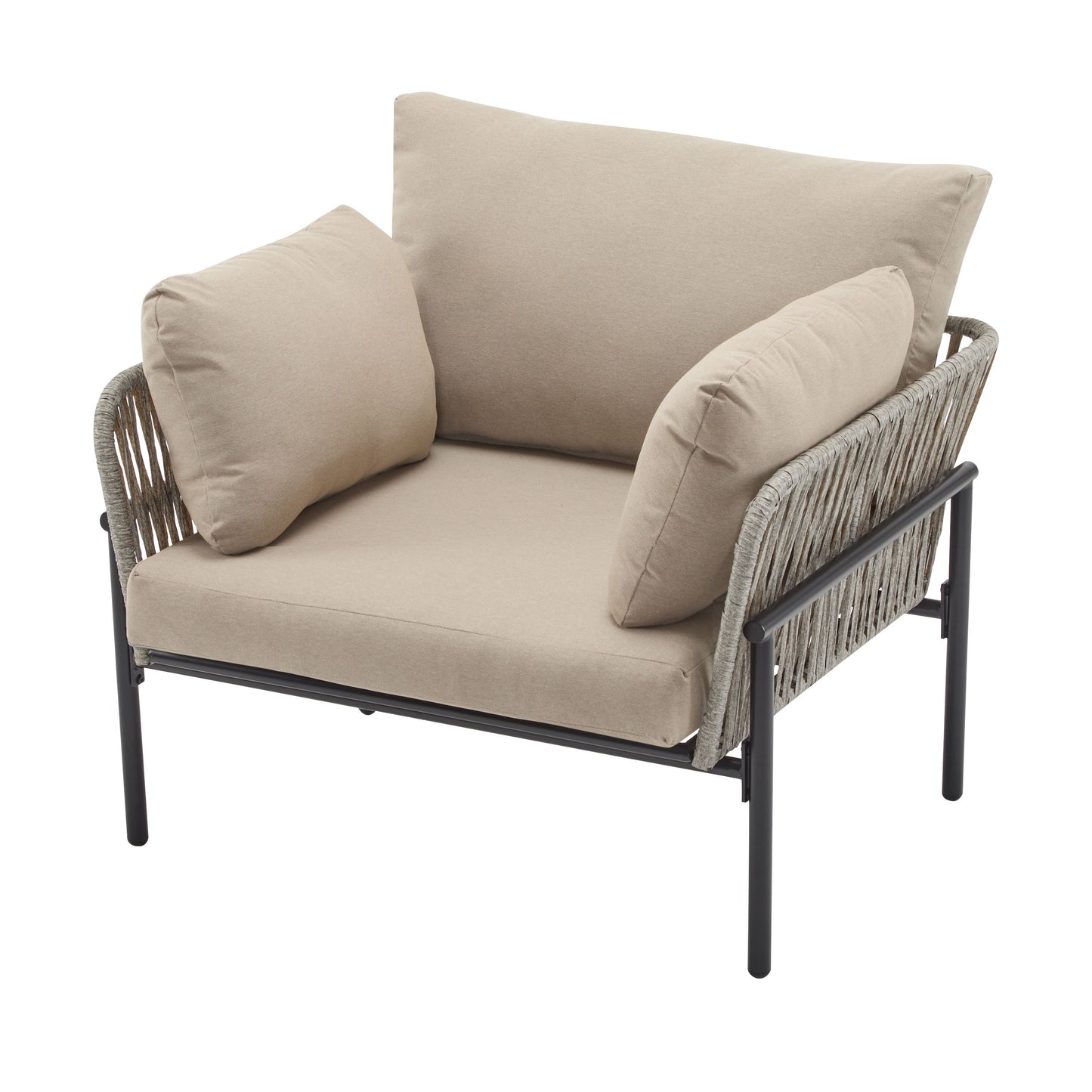 Modern Iron Lounge Chair With Rope Weave And Plush Cushions For Indoor / Outdoor Relaxation - Beige / Gray