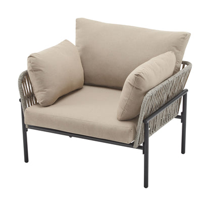 Modern Iron Lounge Chair With Rope Weave And Plush Cushions For Indoor / Outdoor Relaxation - Beige / Gray