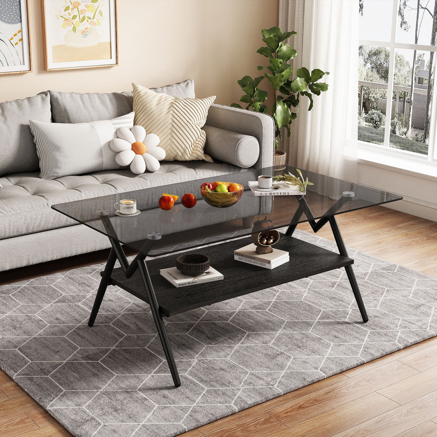 Rectangle Coffee Table With Tempered Glass Top And Black MDF Shelf, Modern Table For Living Room - Gray