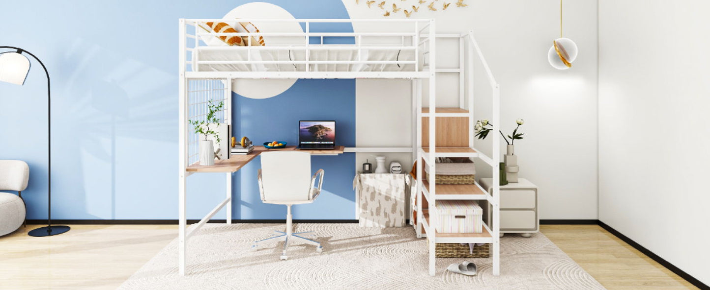 Full Size Loft Bed With Desk And Grid, Stylish Frame With Lateral Storage Ladder And Wardrobe - White