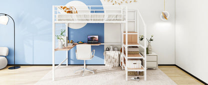 Full Size Loft Bed With Desk And Grid, Stylish Frame With Lateral Storage Ladder And Wardrobe - White