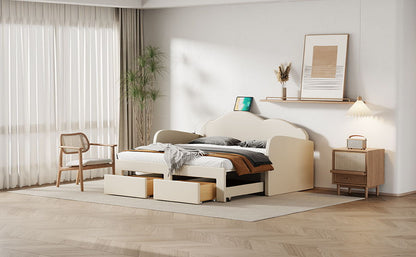 Twin Size Upholstered Daybed With Cloud-Shaped Backrest, Trundle & 2 Drawers And USB Ports - Beige