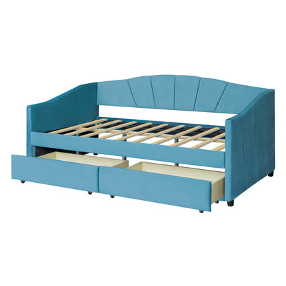 Twin Size Upholstered Daybed With Two Drawers And Slat - Blue