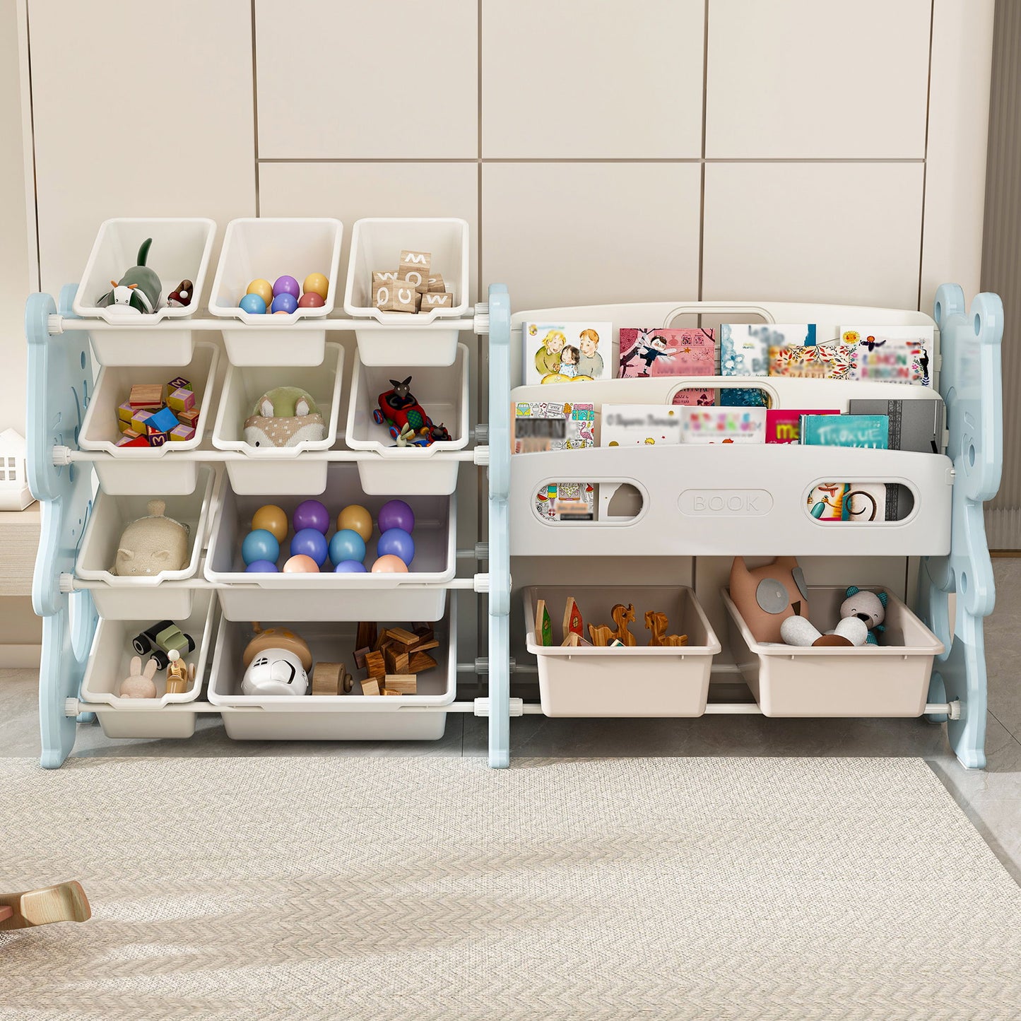Kids Toy Storage Organizer With 2 Tier Bookshelf, Toy Storage With 12 Bins - Blue