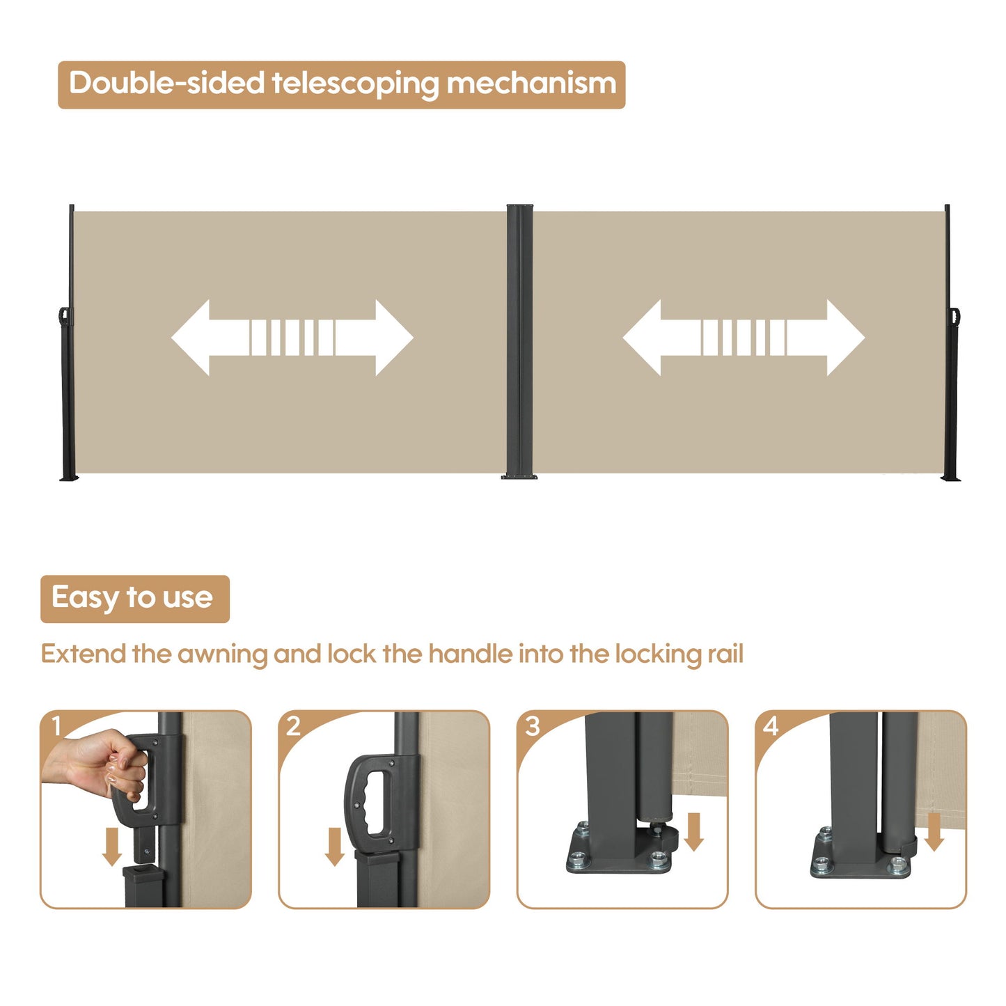 Retractable Side Awning Waterproof And UV Resistant Roll Up Privacy Screen For Balcony - Beige