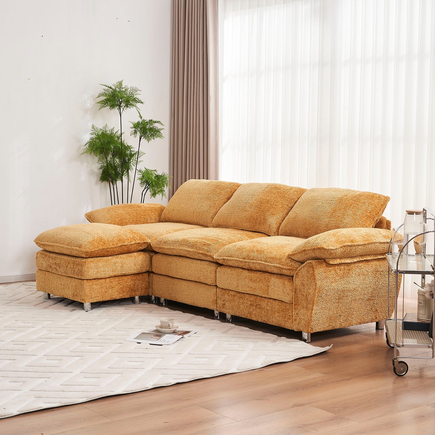 Modern Deep 3 Seat Sofa Couch With Ottoman, Polyester Sofa Sleeper Comfy Upholstered Furniture For Living Room - Yellow