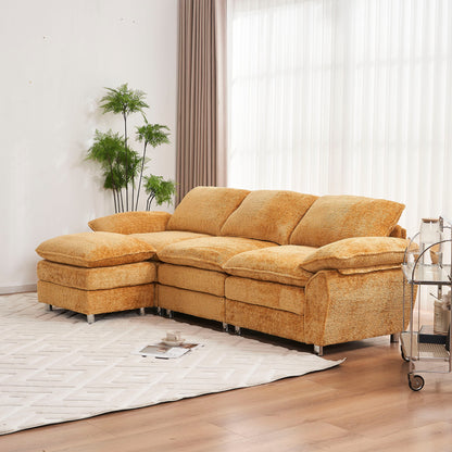 Modern Deep 3 Seat Sofa Couch With Ottoman, Polyester Sofa Sleeper Comfy Upholstered Furniture For Living Room - Yellow
