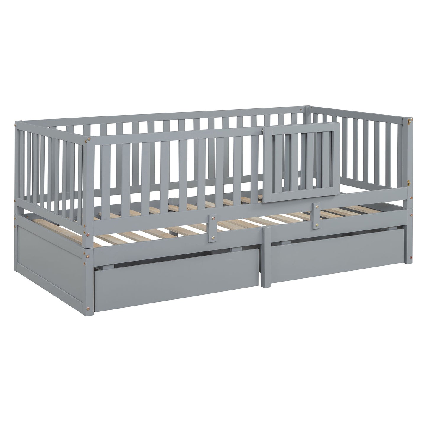 Twin Size Daybed With Fence Guardrails And 2 Drawers, Split Into Independent Floor Bed & Daybed - Gray