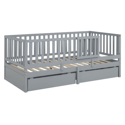 Twin Size Daybed With Fence Guardrails And 2 Drawers, Split Into Independent Floor Bed & Daybed - Gray