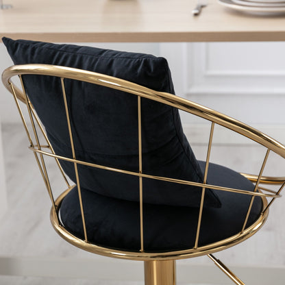 Velvet Bar Chair, Pure Gold Plated, Unique Design, 360 Degree Rotation, Adjustable Height, Suitable For Dining Room And Bar, (Set of 2) - Black