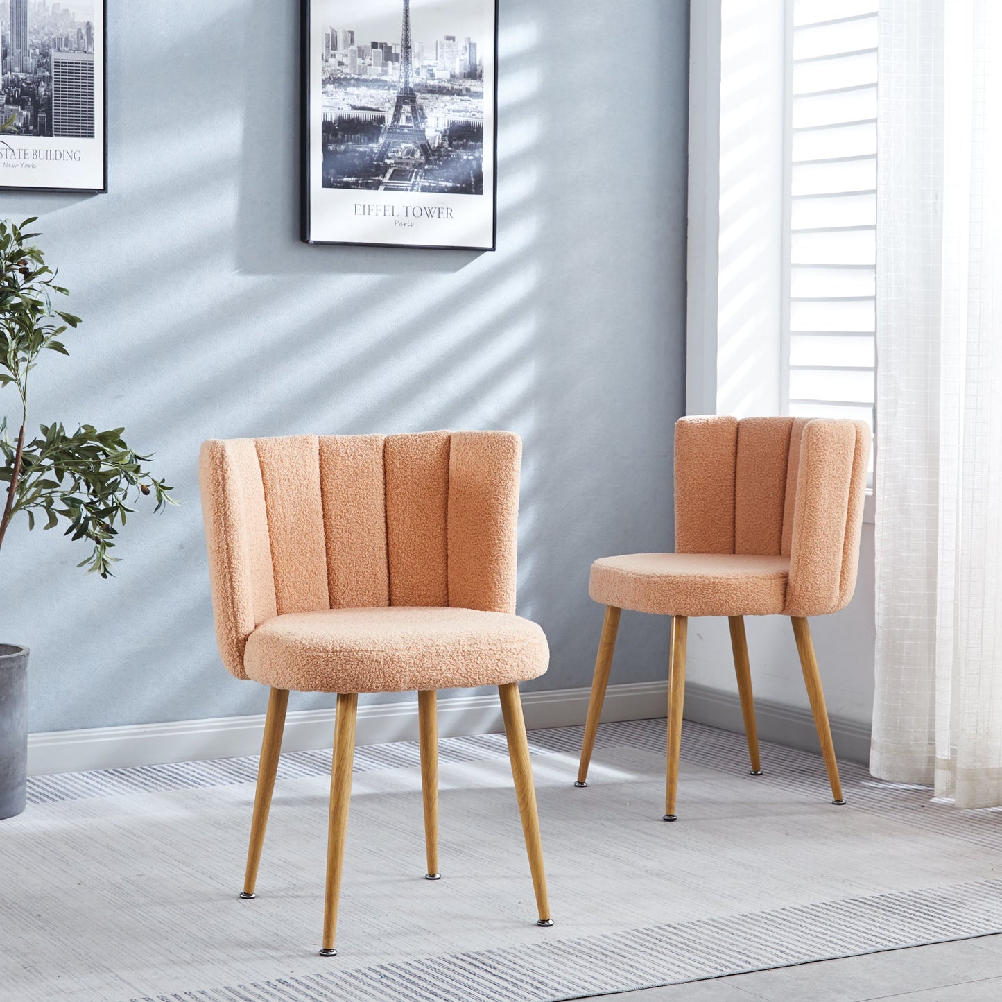 Modern Dining Chair (Set of 2) With Iron Tube Wood Color Legs, Shorthair Cushions And Comfortable Backrest, Suitable For Dining Room, Living Room, Cafe, Simple Structure - Light Beige