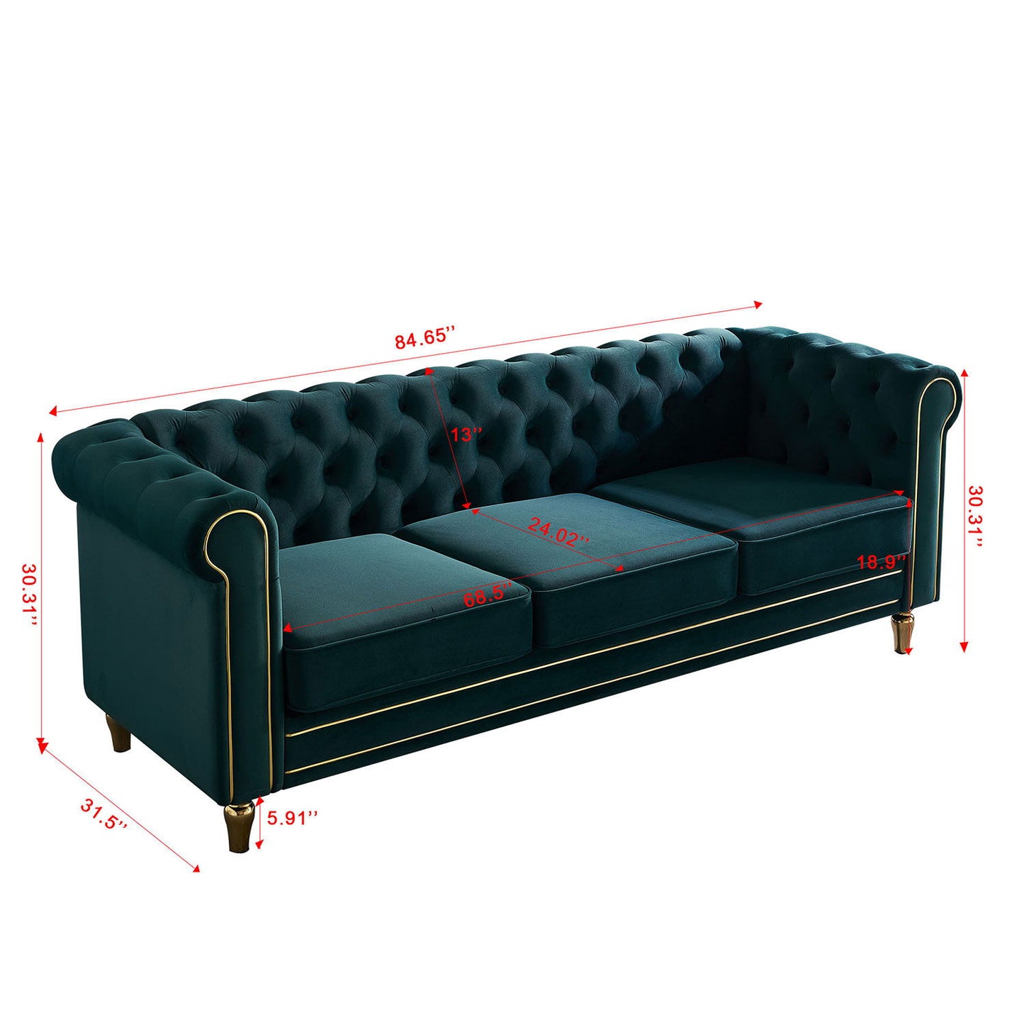 Chesterfield - Velvet Sofa 84.65" For Living Room - Green